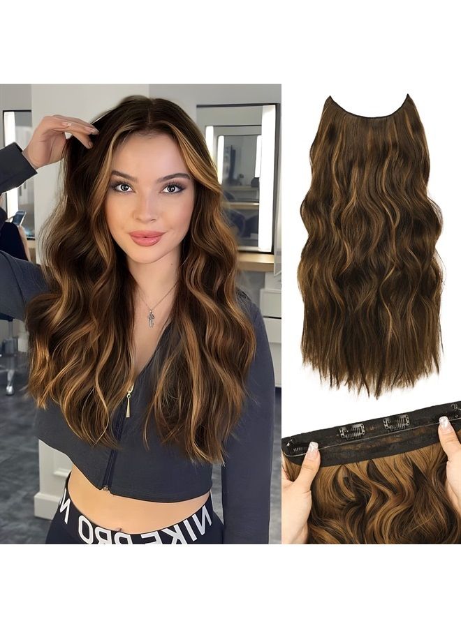 MORICA Invisible Wire Hair Extensions - 20 Inch Mixed Brown Long Wavy Synthetic Hairpiece with Transparent Wire Adjustable Size, 4 Secure Clips for Women - Image 1