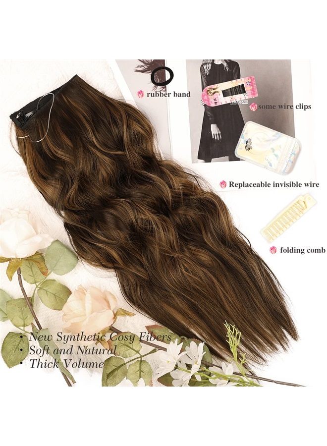 MORICA Invisible Wire Hair Extensions - 20 Inch Mixed Brown Long Wavy Synthetic Hairpiece with Transparent Wire Adjustable Size, 4 Secure Clips for Women - Image 2