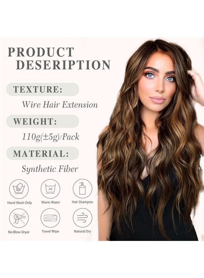 MORICA Invisible Wire Hair Extensions - 20 Inch Mixed Brown Long Wavy Synthetic Hairpiece with Transparent Wire Adjustable Size, 4 Secure Clips for Women - Image 5