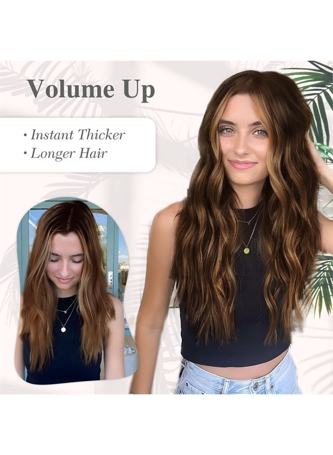 MORICA Invisible Wire Hair Extensions - 20 Inch Mixed Brown Long Wavy Synthetic Hairpiece with Transparent Wire Adjustable Size, 4 Secure Clips for Women - Image 3