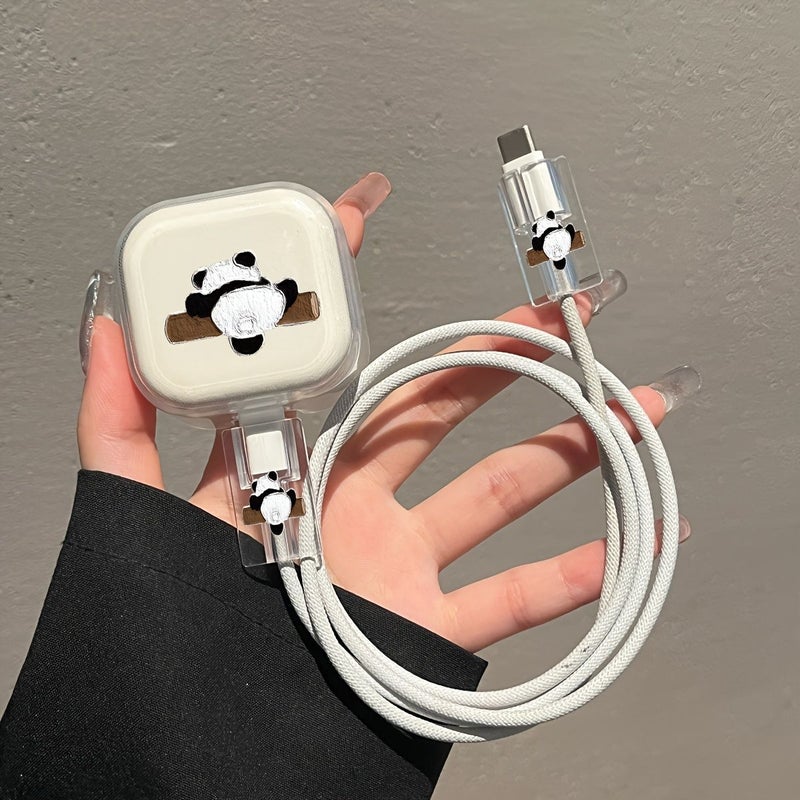 A Set Of Three Oil Paintings Panda Climbing Tree Apple Iphone 18W 20W Uk Standard Transparent Charger Protective Case For Iphone 13 14 15 16 Charger Protective Case Set Cable Protective Sleeve And Charging Cable End Protective Sleeve Gift Uk Standard Charger Shell - Image 2