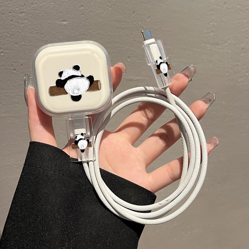 A Set Of Three Oil Paintings Panda Climbing Tree Apple Iphone 18W 20W Uk Standard Transparent Charger Protective Case For Iphone 13 14 15 16 Charger Protective Case Set Cable Protective Sleeve And Charging Cable End Protective Sleeve Gift Uk Standard Charger Shell - Image 1