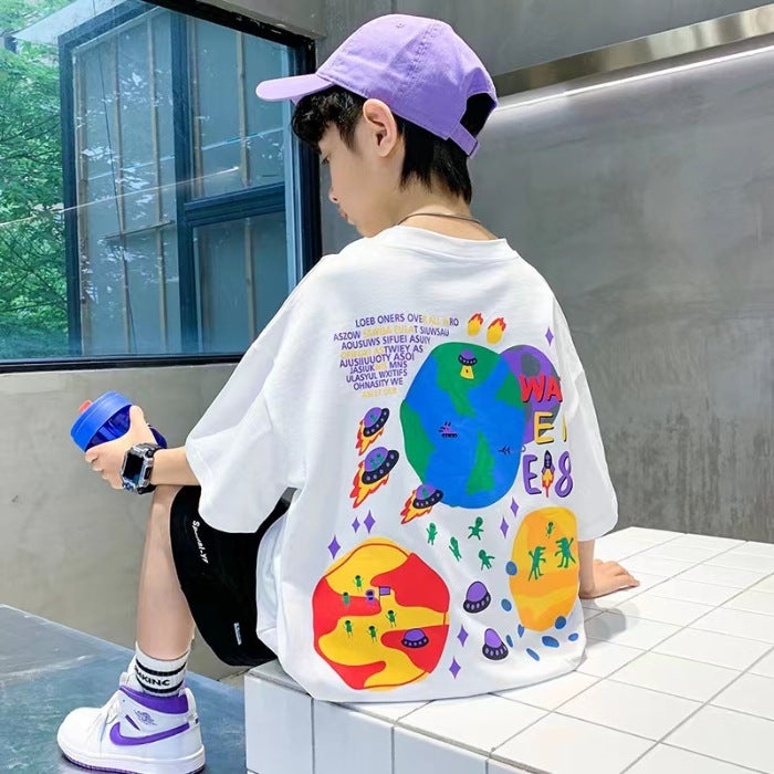 Summer Boys' Short-Sleeve T-Shirt, Children'S Loose Half-Sleeve Trendy Pure Cotton Top For Older Kids, 2026 New Loose Letter Print Shirt - Image 1