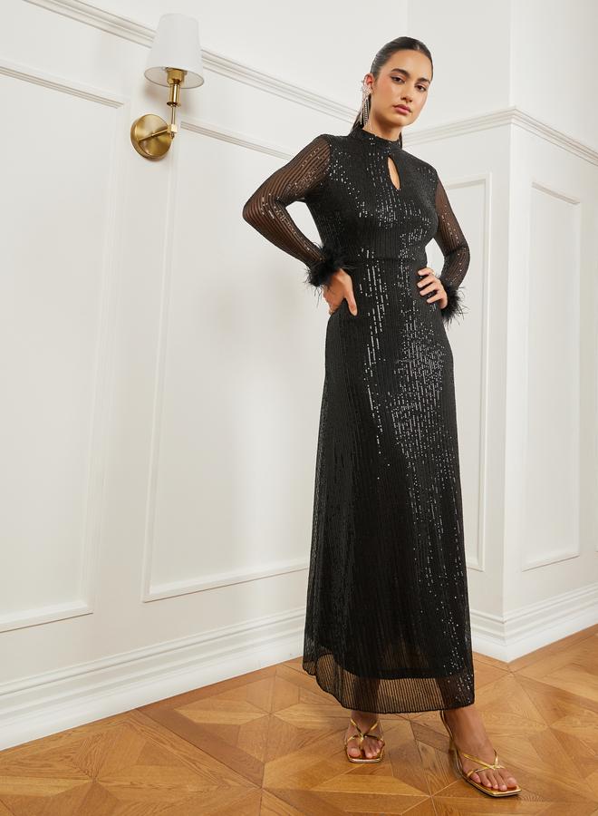 Styli Black Sequin Embellished Feather Trim Maxi Dress - Image 3