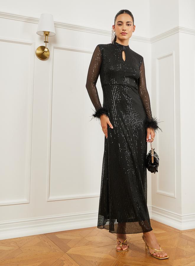 Styli Black Sequin Embellished Feather Trim Maxi Dress - Image 2