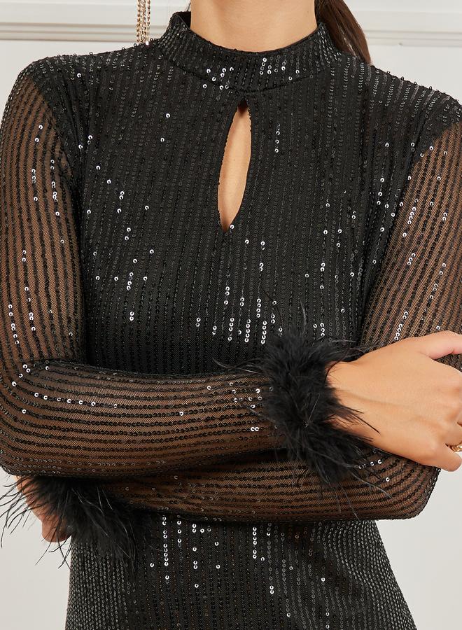 Styli Black Sequin Embellished Feather Trim Maxi Dress - Image 4