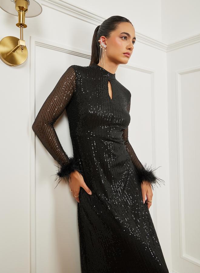 Styli Black Sequin Embellished Feather Trim Maxi Dress - Image 1
