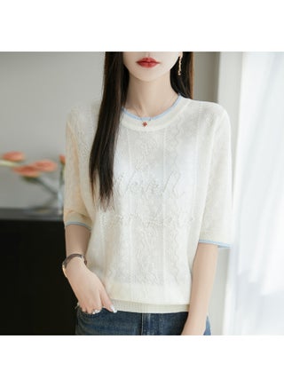 Worsted Wool Knitted Short-sleeved T-shirt Women's Summer Thin Breathable Beaded Contrast Round Neck Base Shirt Top - pzsku/Z1D1EBB9C9D31C3B8A66BZ/45/1749957842/48849ee9-3a79-4f7e-afc0-4424a4ccfc6c