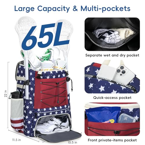 KAVIGOR Lacrosse Bag 65L, Extra Large Lacrosse Gear Backpack with Multi-Pocket Design, Helmet Holder & Ventilated Shoe Compartment - Image 2