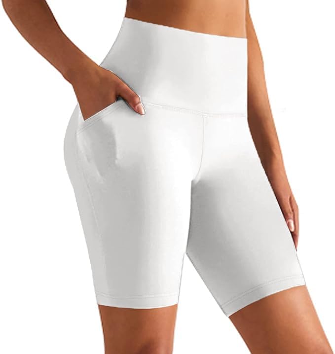 GROTEEN Biker Shorts with Pockets for Women High Waisted Tummy Control Yoga Shorts Black Volleyball Spandex Compression Workout Gym Cyckling Bike Shorts Women's Sports & Recreation Shorts White - Image 1