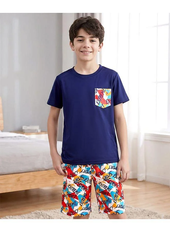 Pine Kids Pine Kids Cotton Half Sleeves Text Printed Short Pajama Set - Multicolor