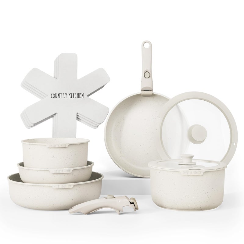 Country Kitchen طقم أواني مطبخ ريفي بمقبض قابل للإزالة، أواني وصواني آمنة للاستخدام في الفرن والمركبات، كريمي، أصلي - Image 1