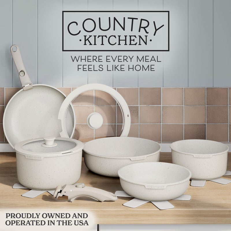 Country Kitchen طقم أواني مطبخ ريفي بمقبض قابل للإزالة، أواني وصواني آمنة للاستخدام في الفرن والمركبات، كريمي، أصلي - Image 2