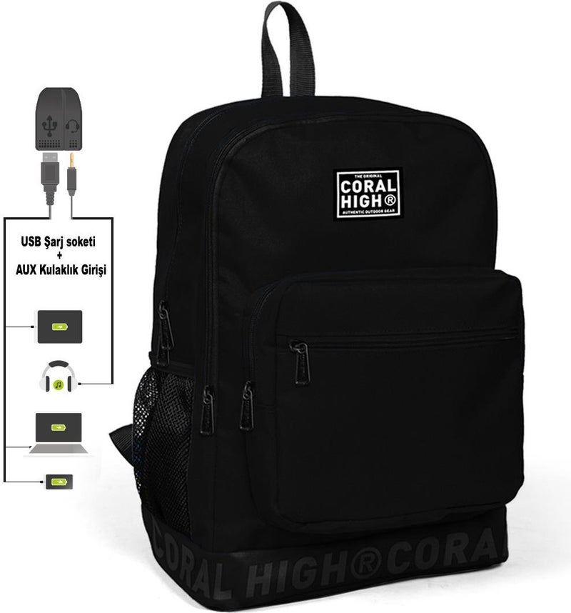 CORAL HIGH Black Backpack with Embroidery Logo and USB Charging Headphone Output 24110