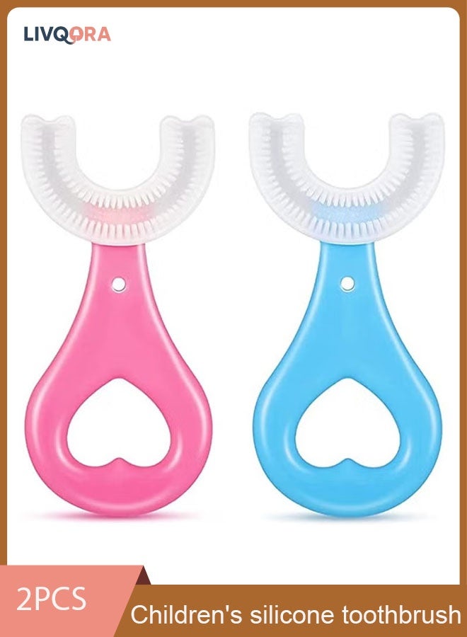 LIVQORA 2-Pack U-Shaped Baby Toothbrush Set, Soft Silicone Brush Head for 360° Oral Cleaning, Ideal for Toddlers 2-6 Years (Pink & Blue) - Image 1
