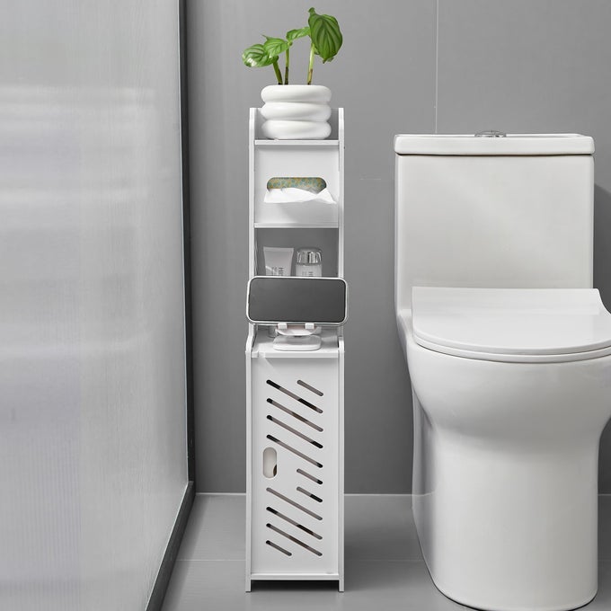 WHITE TOILET PAPER HOLDER STAND LARGE CAPACITY SLIM BATHROOM ORGANIZERS AND STORAGE CABINET FOR SMALL SPACE WHITE