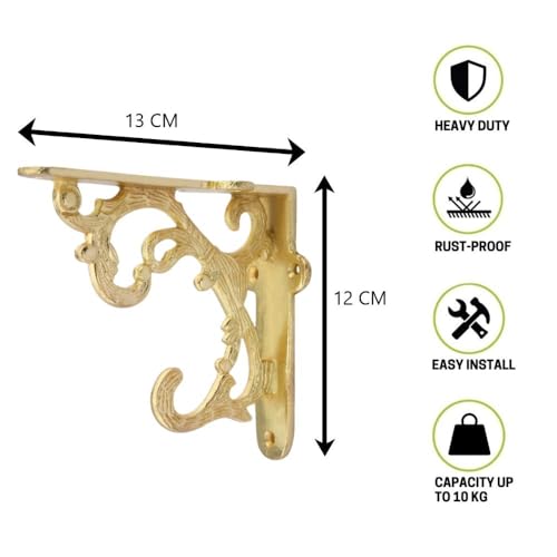 GHAR DWAR Metal Handcrafted Shelf Bracket for Floating Shelves L Angle Decorative L Shaped Corner Brace Joint Heavy Duty Wall Mounted Shelf Supporter Corner Brace Holder (Pack of 2, Gold) - Image 5