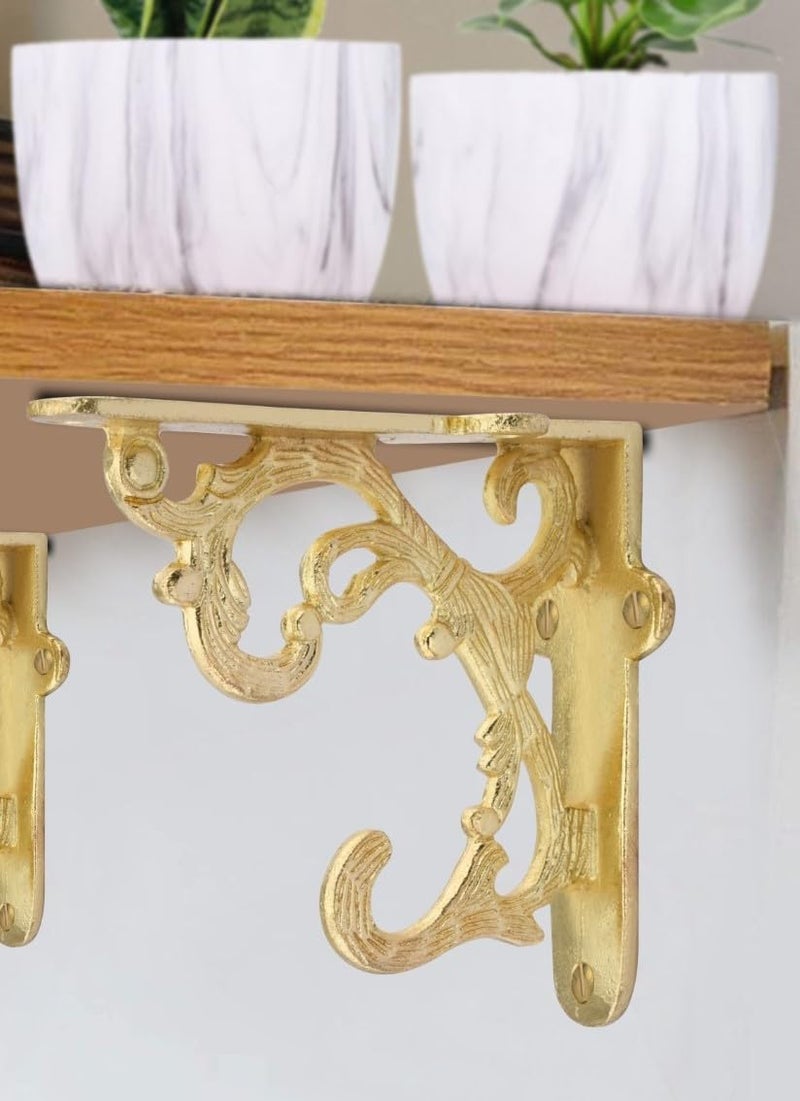 GHAR DWAR Metal Handcrafted Shelf Bracket for Floating Shelves L Angle Decorative L Shaped Corner Brace Joint Heavy Duty Wall Mounted Shelf Supporter Corner Brace Holder (Pack of 2, Gold) - Image 4