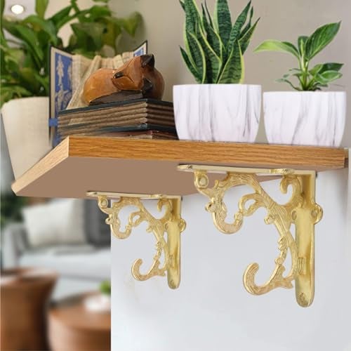 GHAR DWAR Metal Handcrafted Shelf Bracket for Floating Shelves L Angle Decorative L Shaped Corner Brace Joint Heavy Duty Wall Mounted Shelf Supporter Corner Brace Holder (Pack of 2, Gold) - Image 1