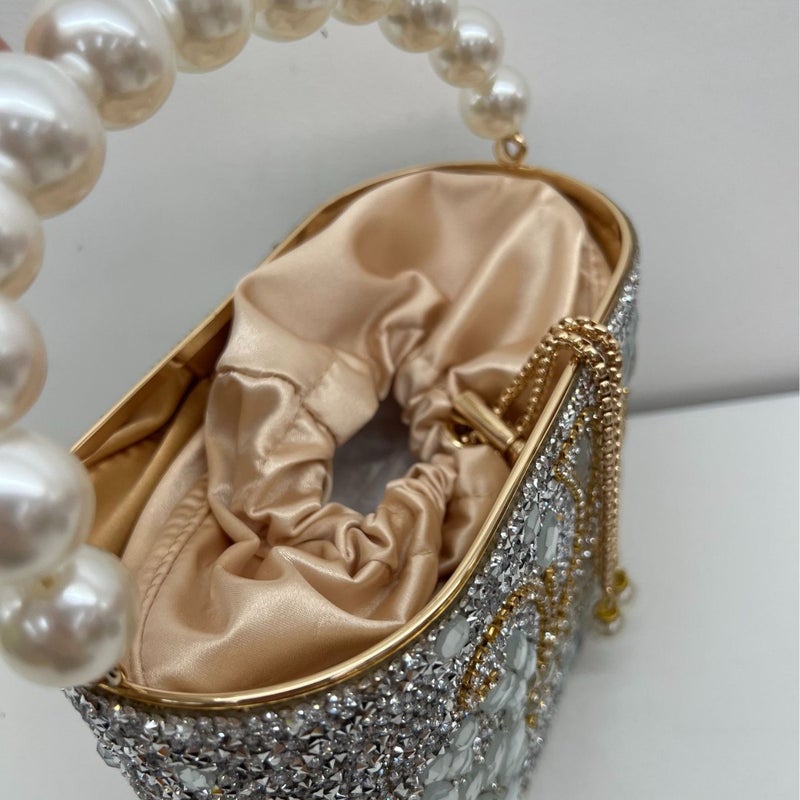New Fashion Colored Diamond Light Luxury Shiny Diamond Pearl Portable Shoulder Bag Crossbody Bag Box Bag - Image 4