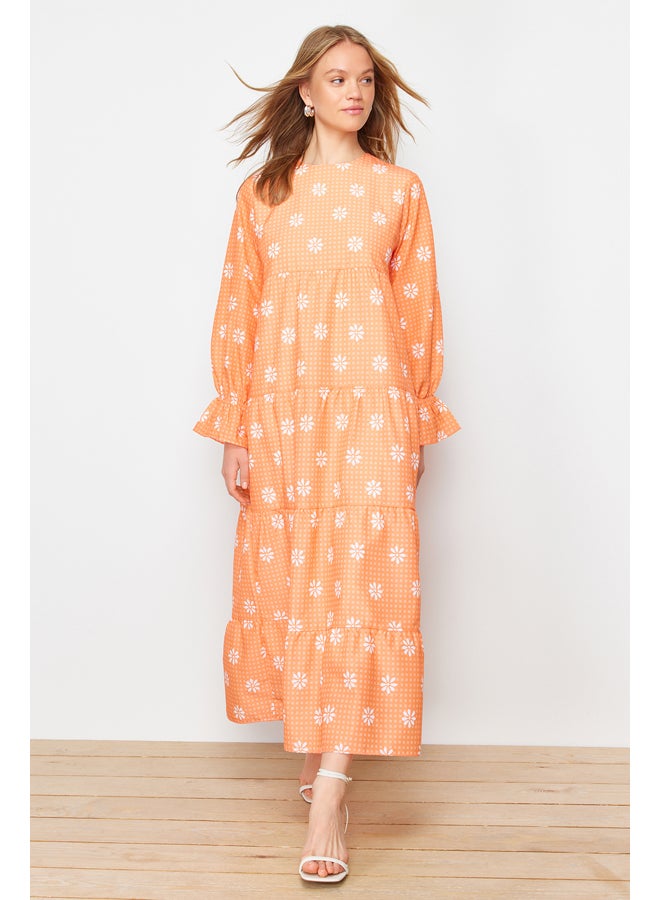 Orange Floral Printed Sleeve with Rubber Detail Woven Dress TCTSS21EL3441