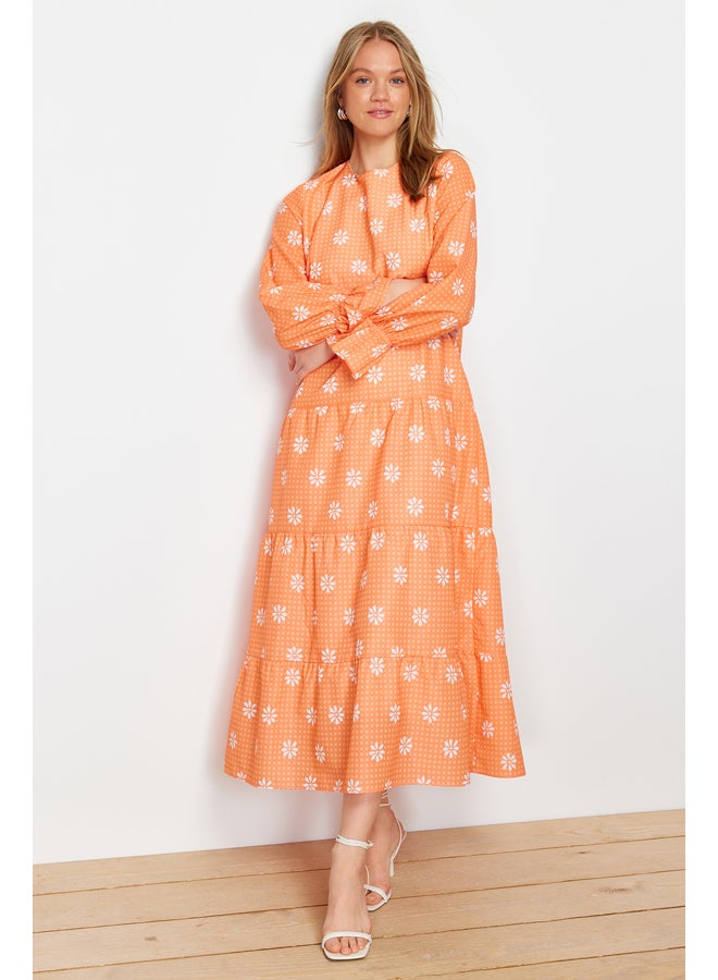 Orange Floral Printed Sleeve with Rubber Detail Woven Dress TCTSS21EL3441