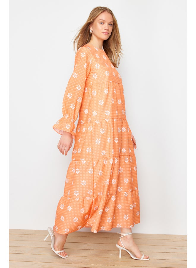 Orange Floral Printed Sleeve with Rubber Detail Woven Dress TCTSS21EL3441