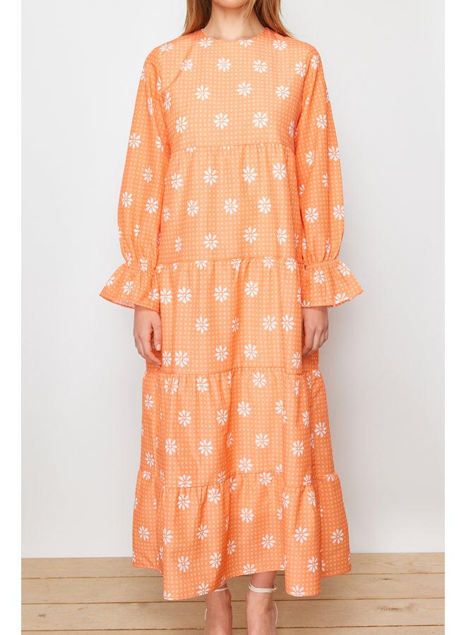 Orange Floral Printed Sleeve with Rubber Detail Woven Dress TCTSS21EL3441