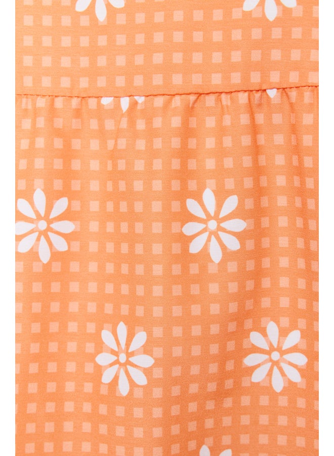 Orange Floral Printed Sleeve with Rubber Detail Woven Dress TCTSS21EL3441