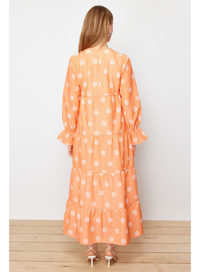 Orange Floral Printed Sleeve with Rubber Detail Woven Dress TCTSS21EL3441