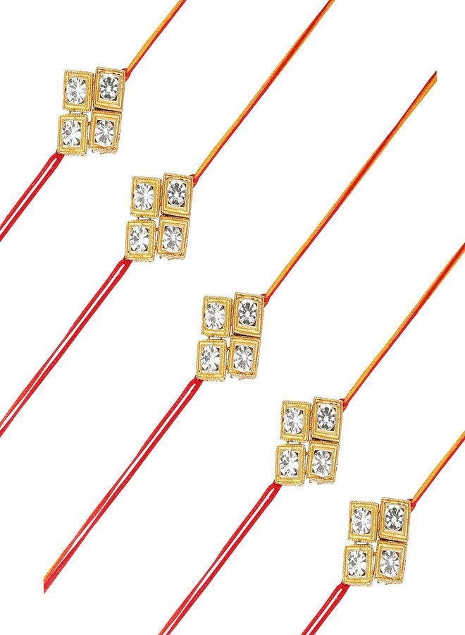 ACCESSHER Mens Traditional Gold Plated Elegant and Stylish Rhinestones Rakhi for Beloved Brother Pack of 5 with Roli Kumkum Packets and Happy Rakshabandhan Card - Image 1