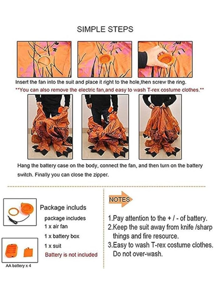 AUTOYSUR زي ديناصور قابل للنفخ للبالغين والأطفال، بدلة ديناصور فاخرة قابلة للنفخ، زي ديناصور تريكس كامل الجسم لحفلات الهالوين التنكرية - Image 4