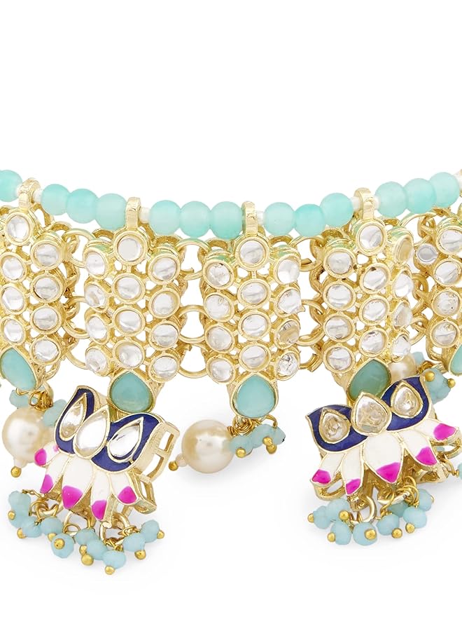 erorex Blue And Pink Meenakari Lotus Drop Kundan Choker Necklace Earring And Ring Set For Women Zpfk13202 - Image 5