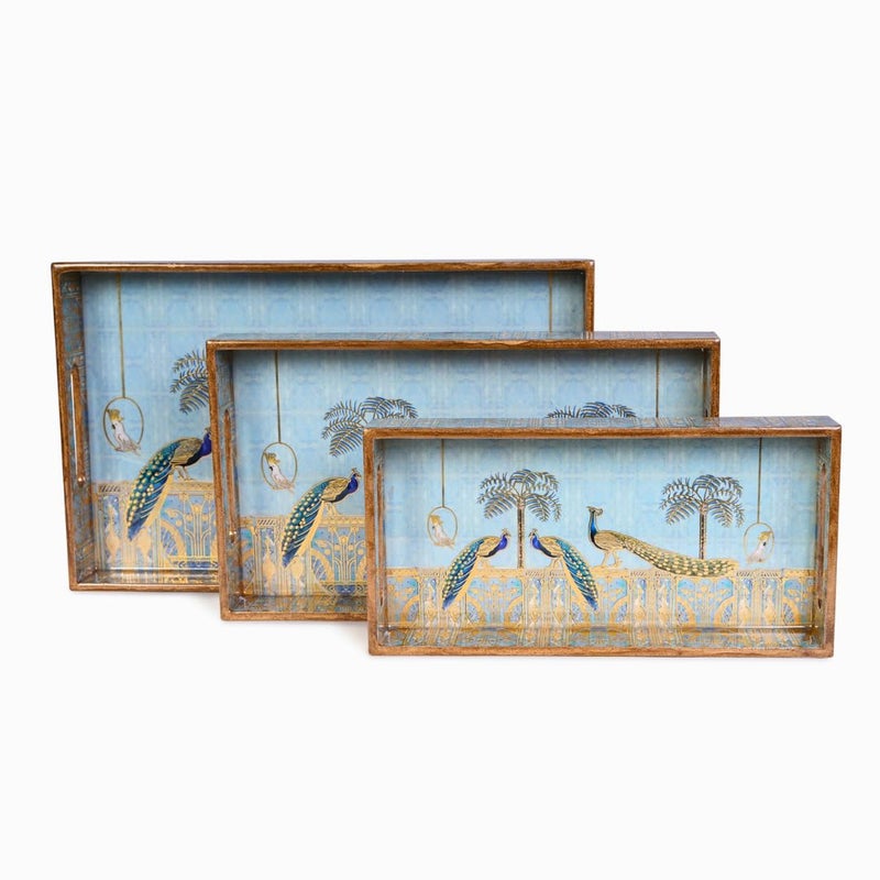 Amimashop Wooden Tray Set of 3 Wooden Tray for Serving,Decoration,Kitchen Organizer,Multi Color Design Size of (16 * 11 * 2, 14 * 10 * 1.75 and 12 * 9 * 1.5) - Image 1