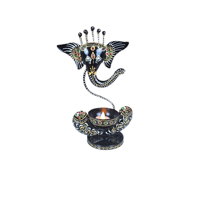 Parshivi Handicrafts Handcrafted Metal Ganesha Tealight Candle Holder Stand for Home Decoration FigurineIdol Showpiece Perfect for DiwaliPooja RoomLiving RoomTable Deocr Black Gold