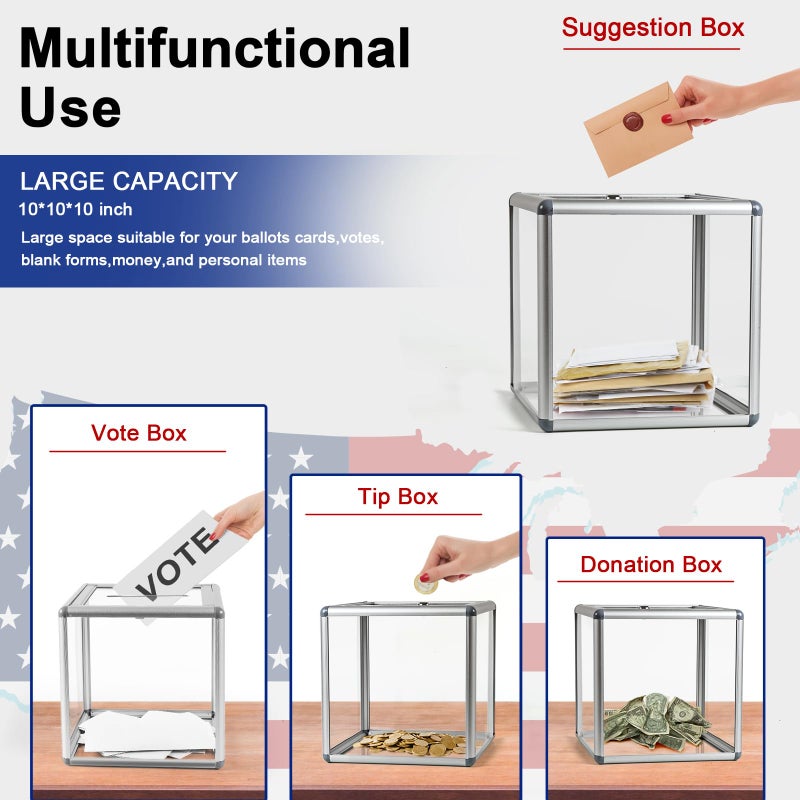 Craflakow Large Donation Box with Lock, Acrylic Ballot Box with Slot 10 x 10 x 10 Inch, Suggestion Box with Lock Cash Storage Container for Fundraising Voting Charity Contest Tip - Image 4