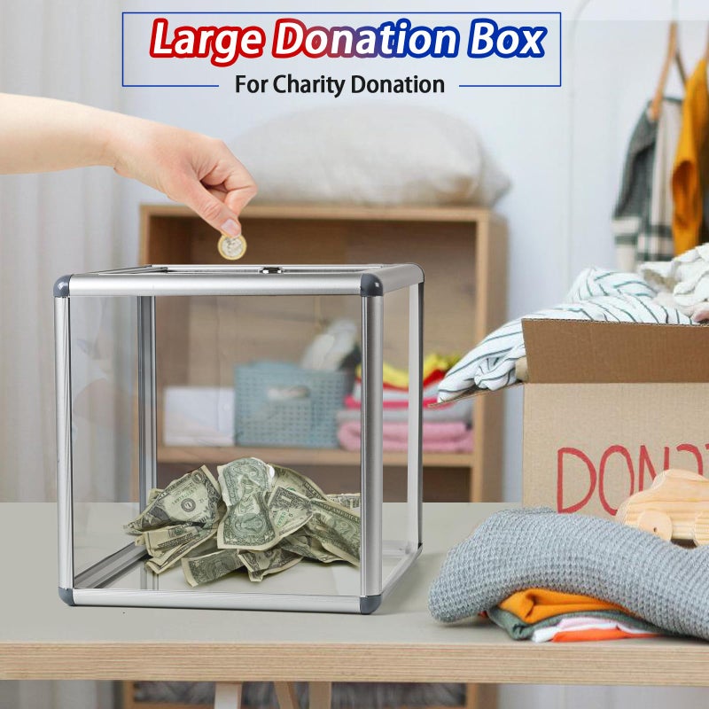 Craflakow Large Donation Box with Lock, Acrylic Ballot Box with Slot 10 x 10 x 10 Inch, Suggestion Box with Lock Cash Storage Container for Fundraising Voting Charity Contest Tip - Image 2