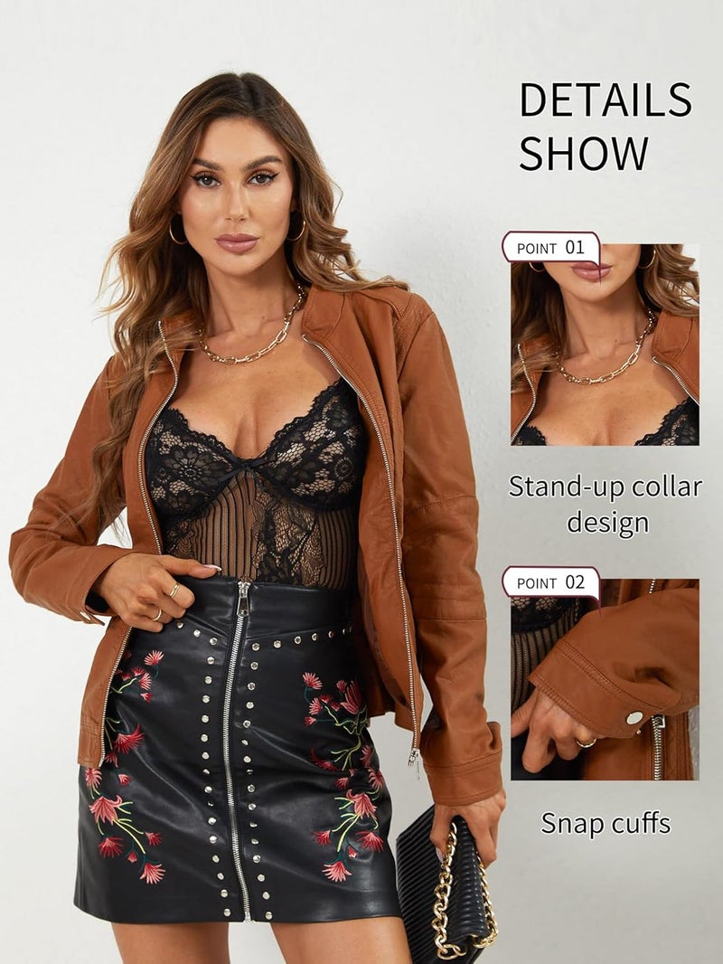 Bellivera Women's Faux Leather Motorcycle Jacket - Brown - Image 3