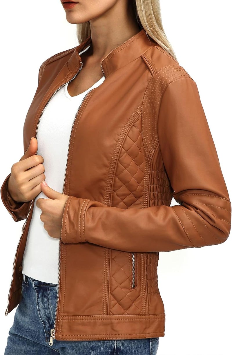 Bellivera Women's Faux Leather Motorcycle Jacket - Brown - Image 4
