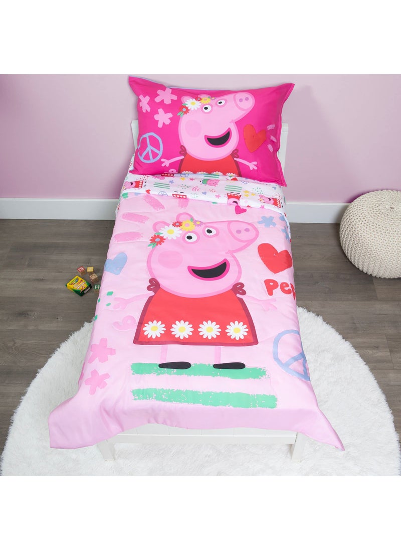 Peppa Pig Peppa Pig Be Nice & Kind 4 Piece Toddler Bedding Set - Includes Comforter, Sheet Set - Fitted and Top Sheet + Reversible Pillow Case for Girls Bed, Pink  - Image 1