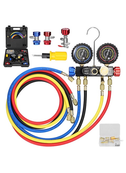 Manifold Gauge Set Air Conditioning Refrigerant Charging Tool 4-Way Dual-Value Pressure Gauge with 5ft Hose Brass Quick Coupler Adapters