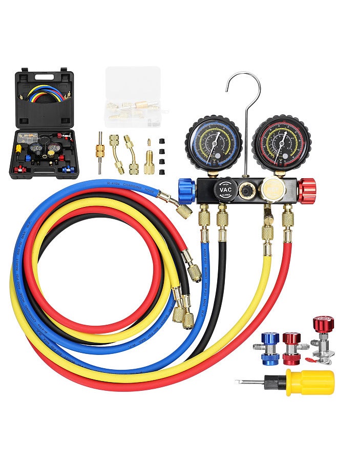 Generic - Manifold Gauge Set Air Conditioning Refrigerant Charging Tool 4-Way Dual-Value Pressure Gauge with 5ft Hose Brass Quick Coupler Adapters - Image 1
