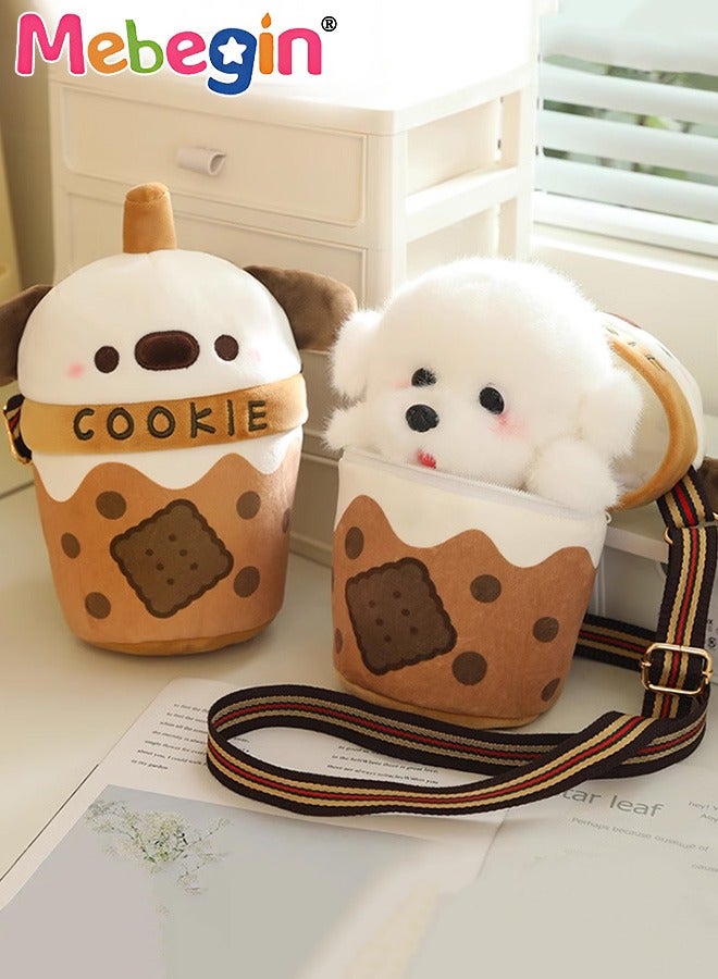 MEBEGIN Premium Plush Puppy with Backpack, Adorable Crossbody Bag with Adjustable Strap and Zipper Closure, Kids Messenger Bag and Plush Puppie, Mini Shoulder Bag, Fluffy Doll Bag, Carry-on Bag for Small Items, Ideal Gift for Girls  - Image 1
