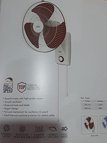 GM Bolt Electric Wall Fan 300MM 2100 RPM Burgundy  - Image 1