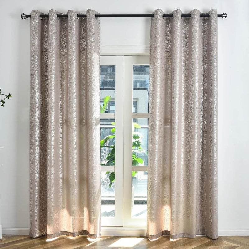 TERLYTEX Silver Taupe Curtains - 63 Inch Length Bedroom Metallic Spray Spots Light Filtering Window Curtain Panels, Grommet Privacy Semi-Sheer, 52 x 63 Inch, 2 Panels - Image 2