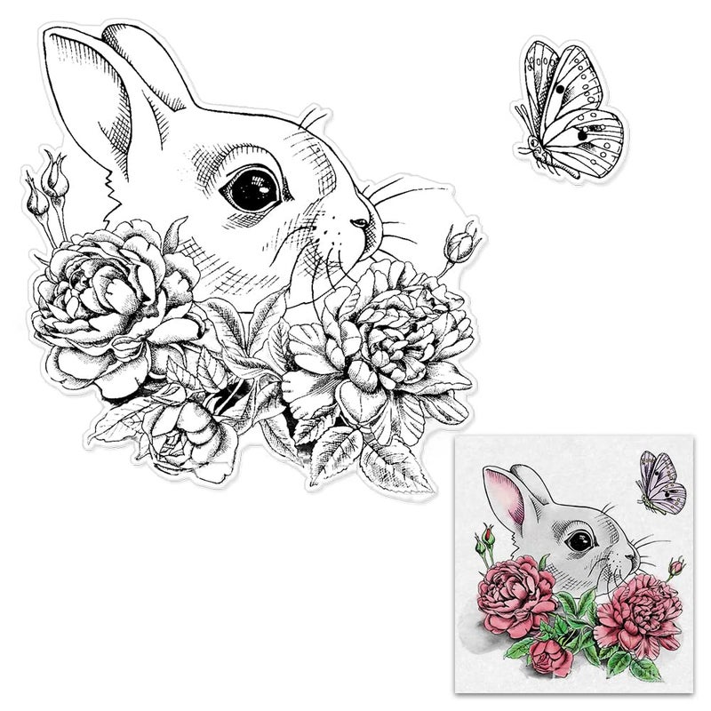 Hying Bunny Background Clear Stamps for Card Making and Photo Album Decorations Rabbit Silicone Stamps Spring Flowers Butterfly Transparent Rubber Stamps Seal for DIY Scrapbooking Supplies