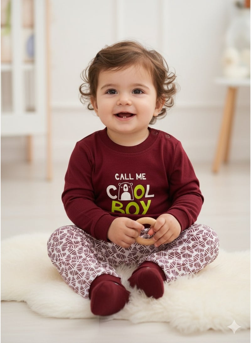 Little Bee Made with Love ,2 Pcs Boys Pyjama Set, for 0 to 3 months (S),3 to 6 months (M),6 to 12 months(L),12 to 18 months (XL) Adorable CALL ME COOL BOY Print Cozy Long Sleeve Round Neck Top and Long Pants Sleepwear, Soft Breathable Pure Cotton Nightwear, Spring Fall Lounge Wear for New Born ,Toddler Boys, Suitable for Sleep Wear, Daily Wear, Casual Wear, Home Wear, School Wear, Red - Image 1