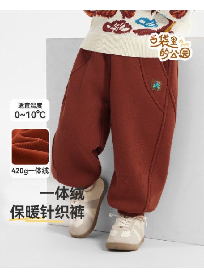 G One-piece Fleece] Baby Pants Fleece Winter Thickened Boys' Sweatpants Winter Red New Year Pants - Image 1