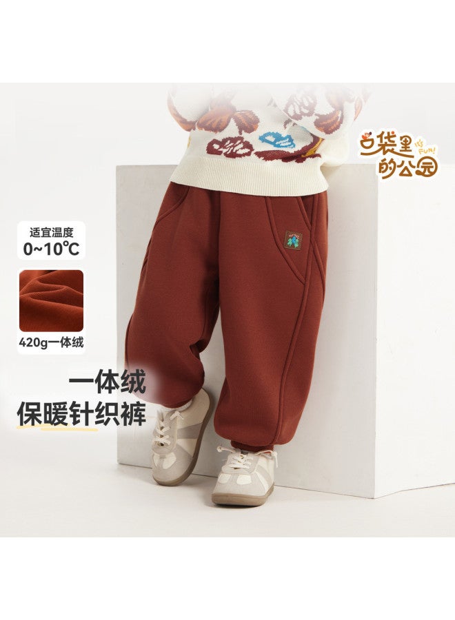 G One-piece Fleece] Baby Pants Fleece Winter Thickened Boys' Sweatpants Winter Red New Year Pants - Image 2