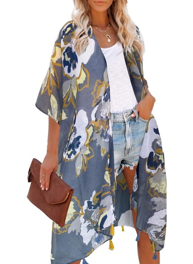 Moss Rose Women's Beach Cover up Swimsuit Kimono with Bohemian Floral Print, Loose Casual Resort Wear - Image 1